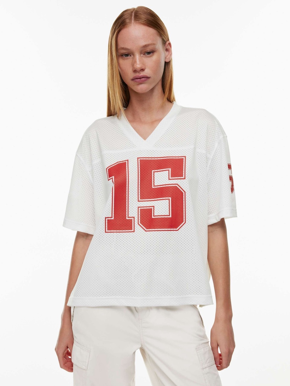 Aritzia End Game White Mesh V-Neck Jersey Top S #15